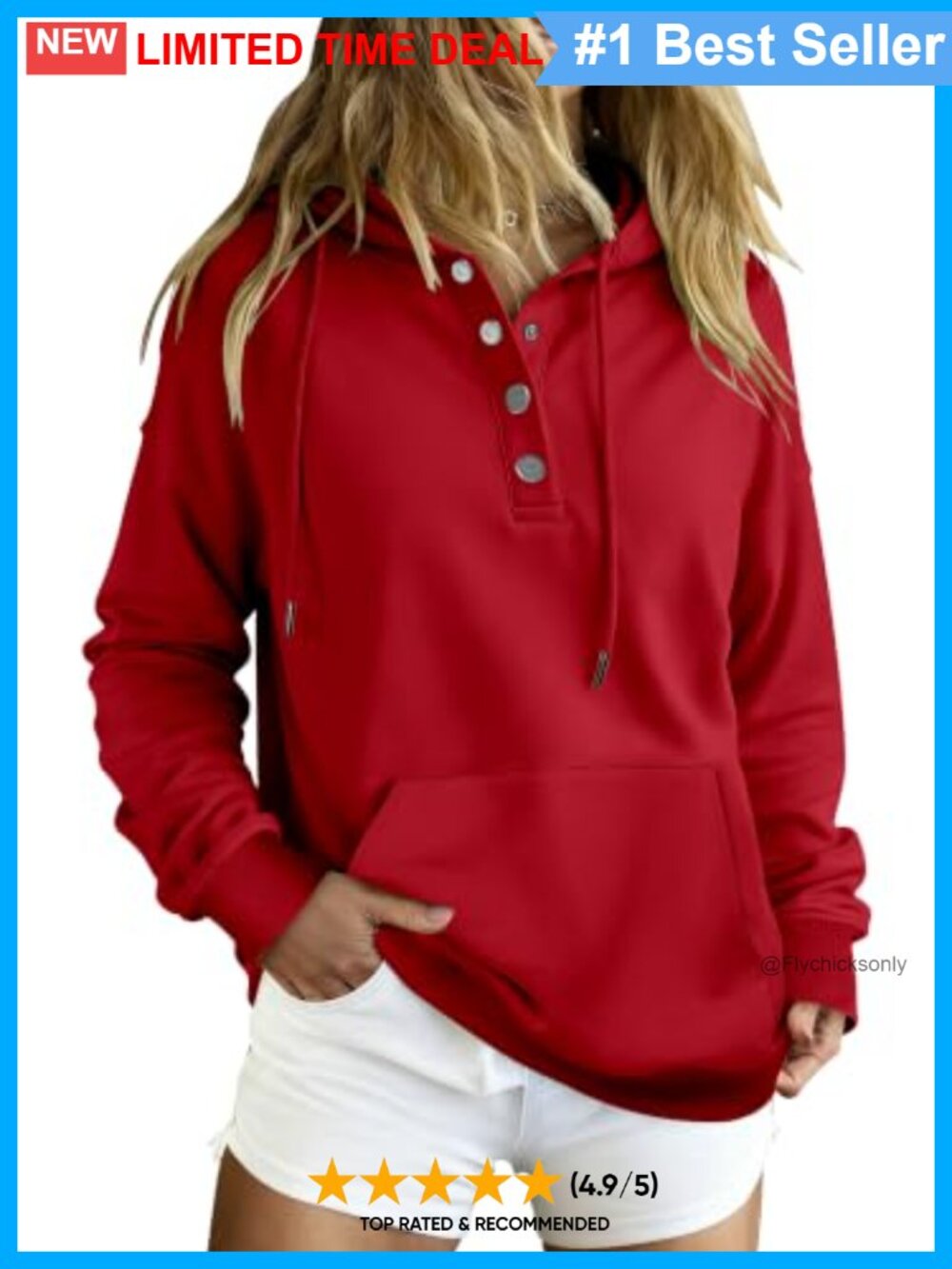 Women Oversize Button Collar Pullover Hoodie Kangaroo Pocket Ribbed Cuffs